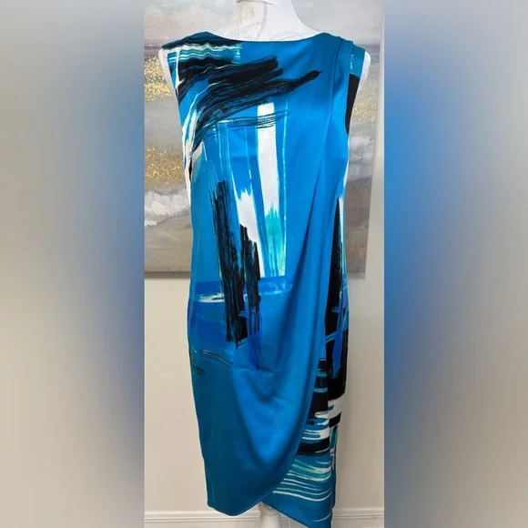 ST JOHN Brushstroke Stretch Silk Charmeuse Draped Cyan/Black Dress, Size 2 - Picture 2 of 16